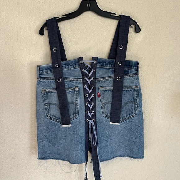 Free People x Tricia Fix Levi Blue Denim Ribbon Bib Crop Corset Tie Top NEW XS - Picture 2 of 4